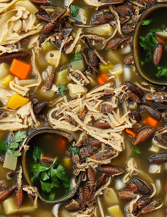 Insect and Vegetable Soup with Green Sauce and Herbs