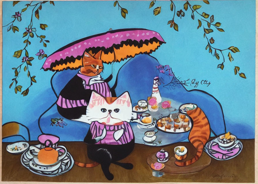 Anthropomorphic cats tea party with pastries and polka-dot umbrella