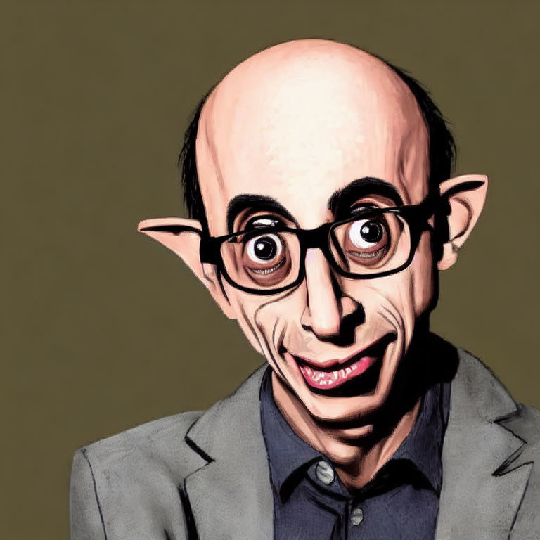 Exaggerated caricature with large ears, eyes, bald head, glasses, grey suit