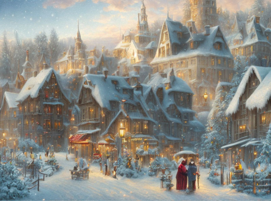 Snow-covered village with warmly lit houses and festive atmosphere