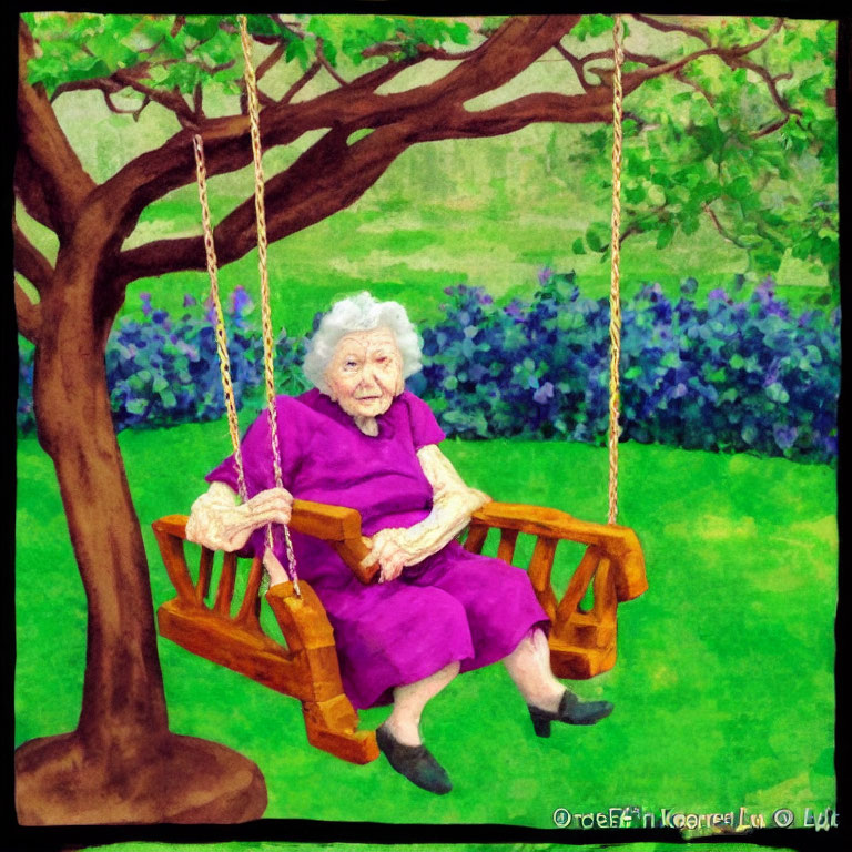 Elderly woman in purple dress on wooden swing in lush garden