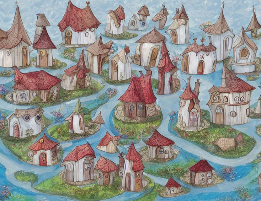 Whimsical Fantasy Village on River with Fairy-Tale Houses