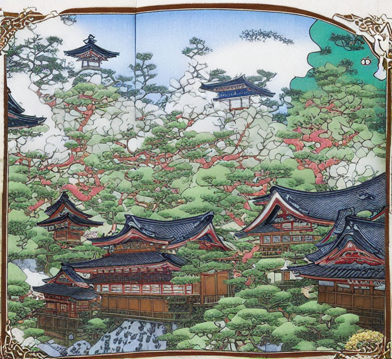 Traditional Japanese scene with pagodas and cherry blossoms in ornate frame