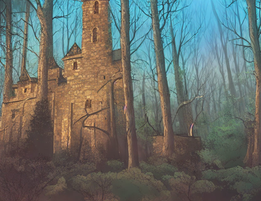 Mystical stone tower and walls in dense forest with fog and light beams