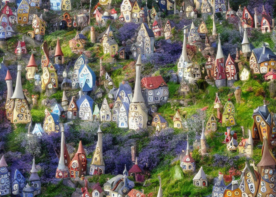 Colorful Whimsical Village with Unique Houses Among Flowering Trees