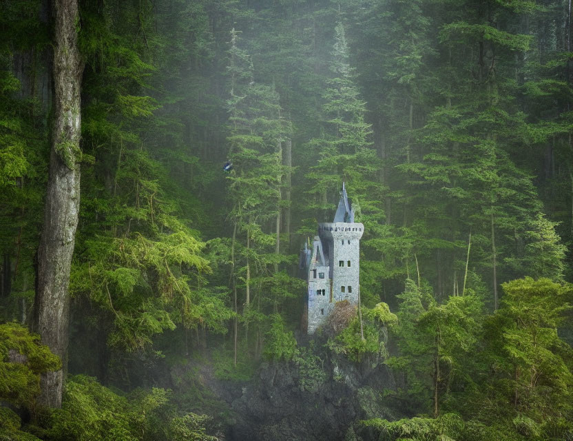 Stone castle in misty forest atop crag with conifers