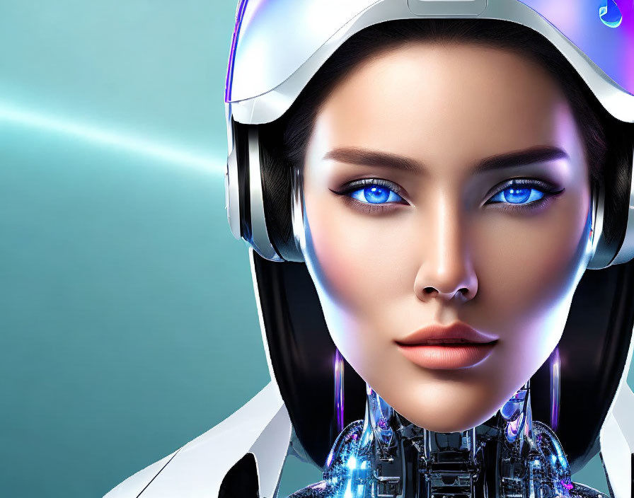 Female humanoid robot with glowing blue eyes and cybernetic neck structure on blue backdrop