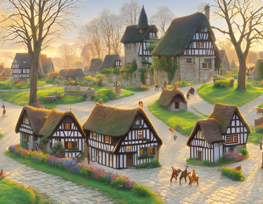 Traditional Half-Timbered Houses in Serene Sunset Village