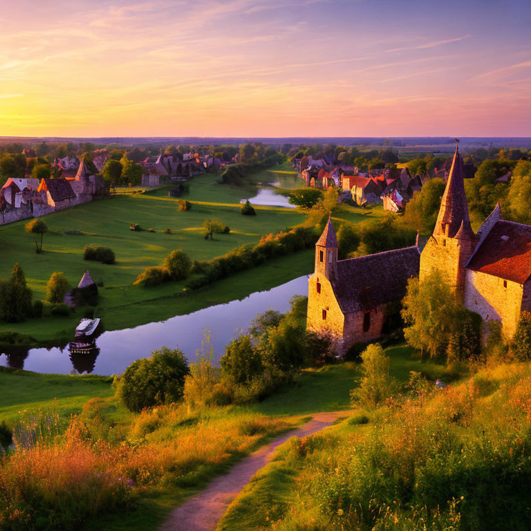 Picturesque village by meandering river at sunset with historic buildings & lush greenery under warm, colorful