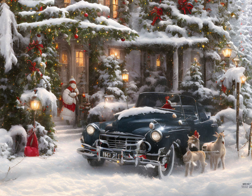 Santa Claus with classic car, snowy Christmas scene, gifts, reindeer, and festive house.