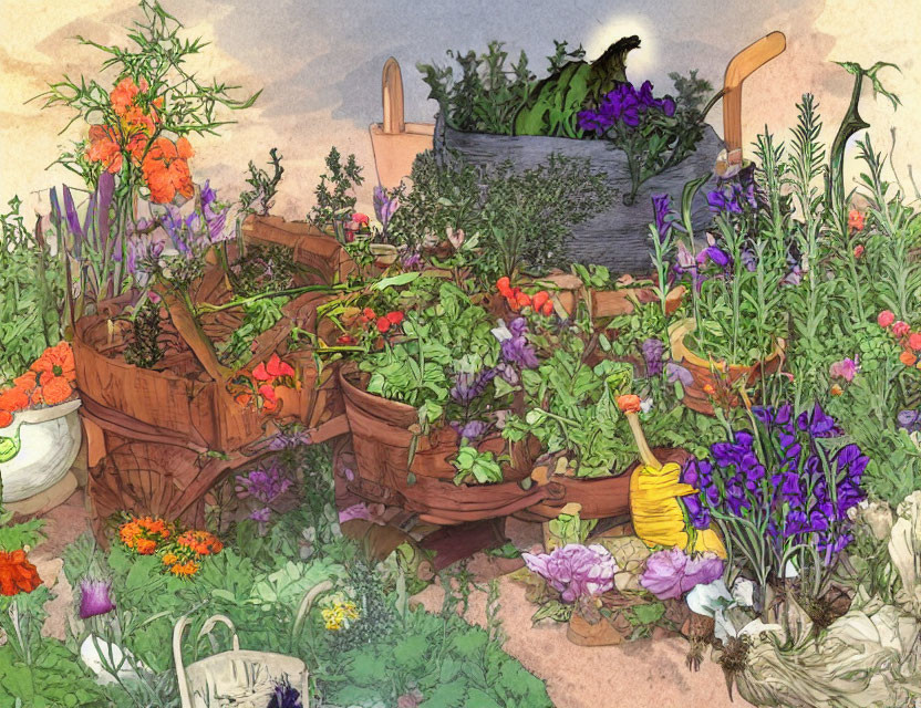 Colorful Herb Garden Illustration with Plants, Flowers, Tools, and Watering Can