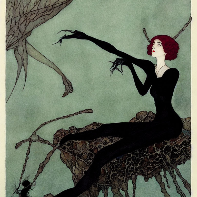 Red-haired woman in black dress posing on tree branch in dark backdrop