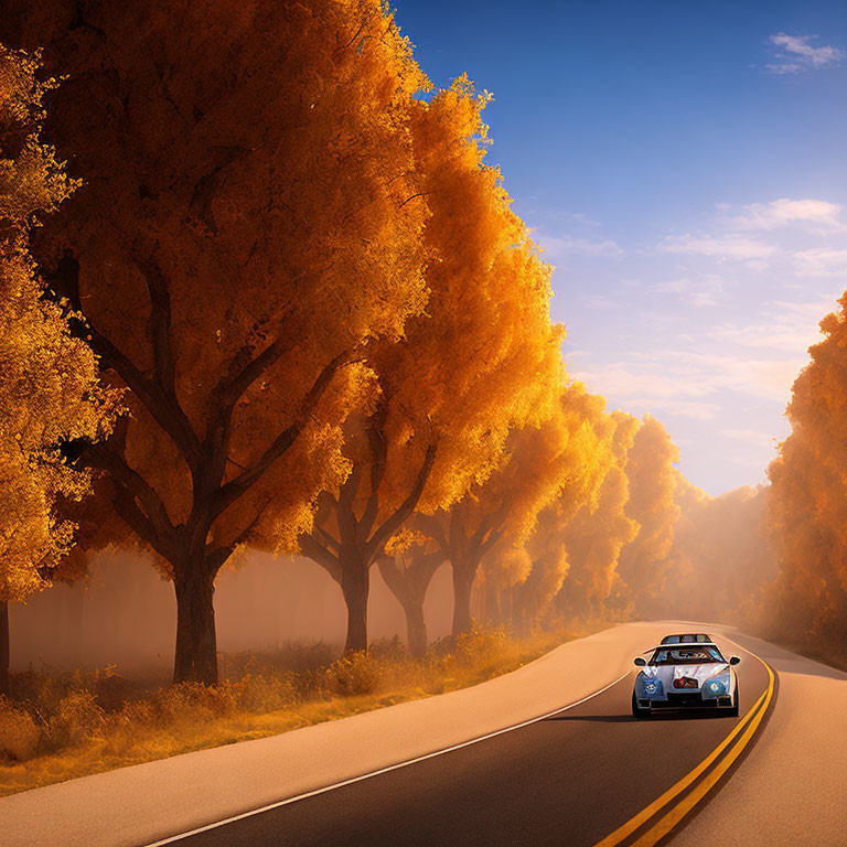 Curving road with golden-yellow trees under hazy sky