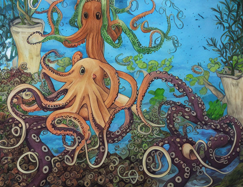 Colorful Octopuses in Whimsical Underwater Scene
