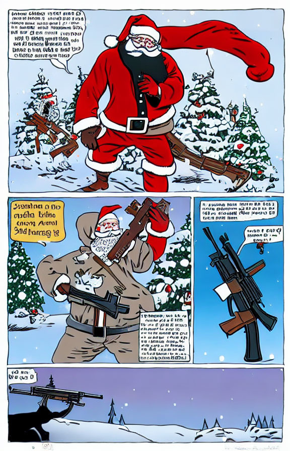 Santa Claus with weapons in snowy comic book scene