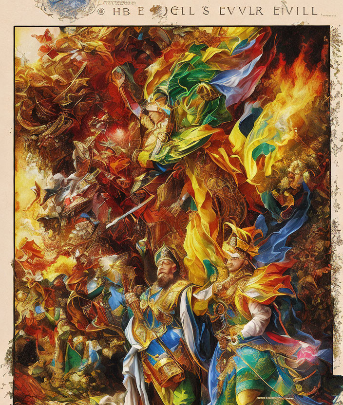 Colorful battle scene with armored warriors and mythical creatures