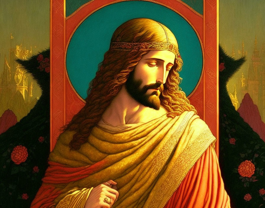 Figure in Red Robe with Golden Halo on Blue and Gold Background