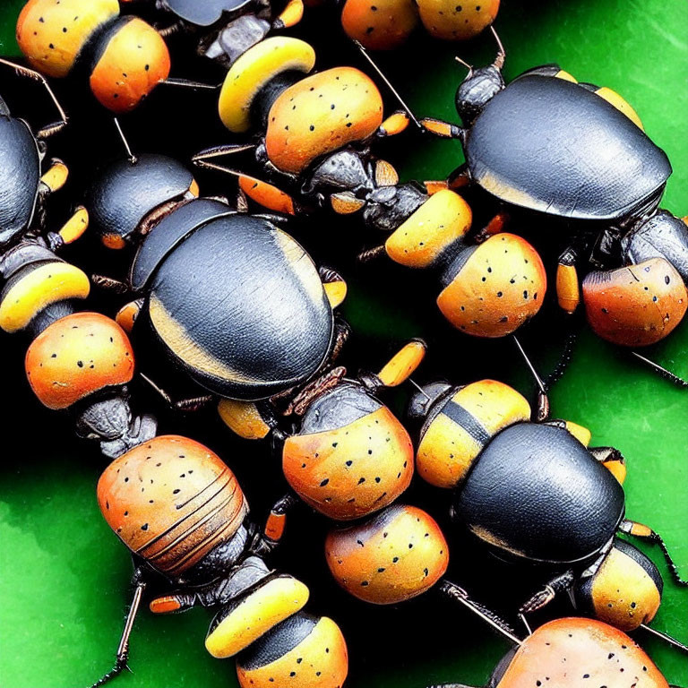 Colorful Beetles with Black, Yellow, and Orange Spotted Exoskeletons on Green Background