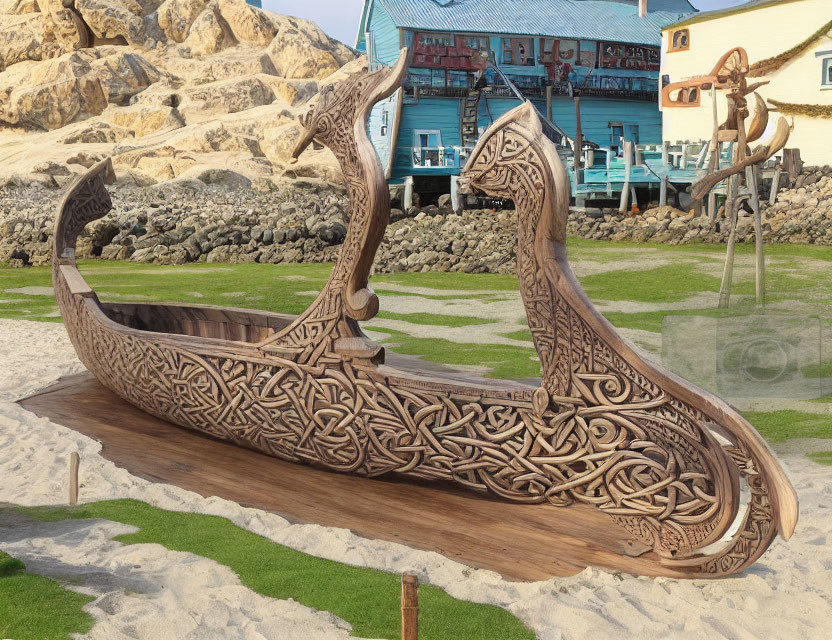 Intricately carved Viking-themed wooden boat on sand with rocks and building.