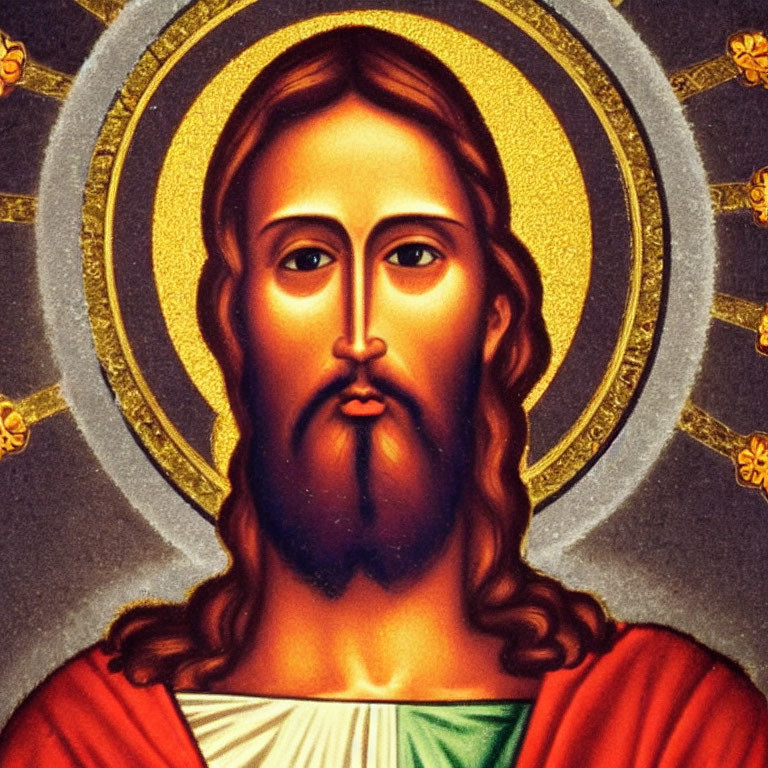 Bearded Figure with Halo in Red and White Robes on Gold-Patterned Background