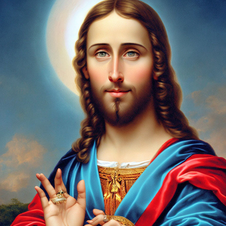 Traditional Christian depiction of Jesus with halo, blessing, red robe, blue cloak, sacred heart.