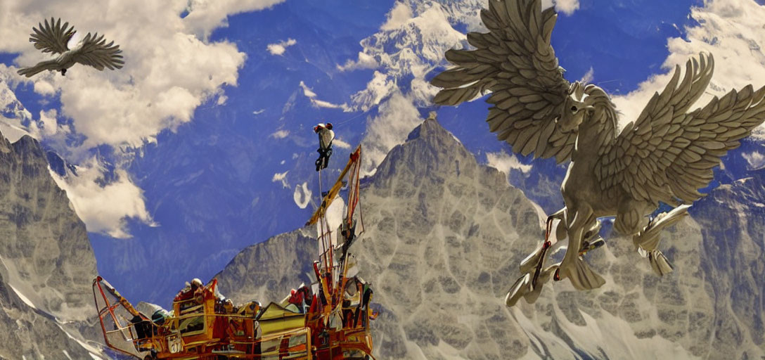 Winged creatures carrying people above mountain landscape with airborne vessel