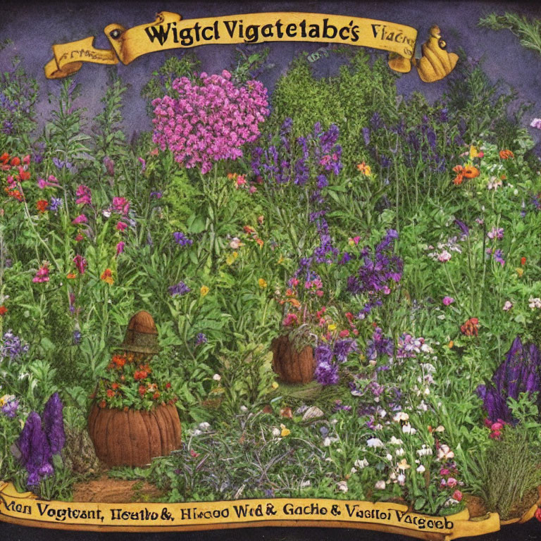 Colorful Garden Illustration with Flowers, Plants, and Whimsical Text