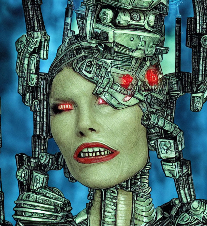 Female cyborg digital artwork with glowing red eyes and intricate mechanical parts.