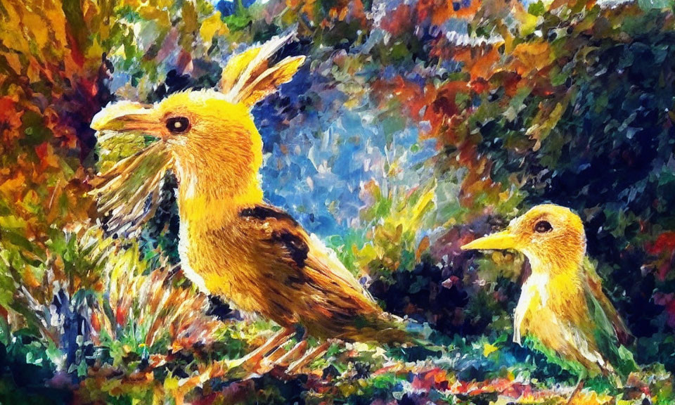 Colorful painting of two birds in vibrant landscape with thick brushstrokes