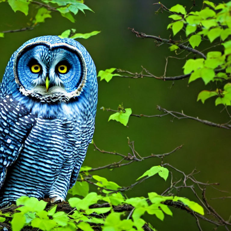 Vivid blue owl with yellow eyes on branch among green leaves