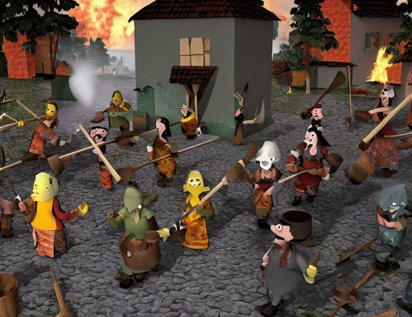 Chaotic scene of animated villagers with torches and tools