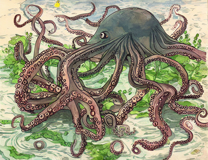 Detailed Octopus Illustration Among Green Seaweed with Yellow Fish