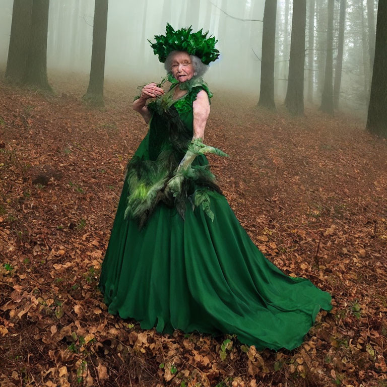 Elderly woman in green dress with leafy adornments in foggy forest