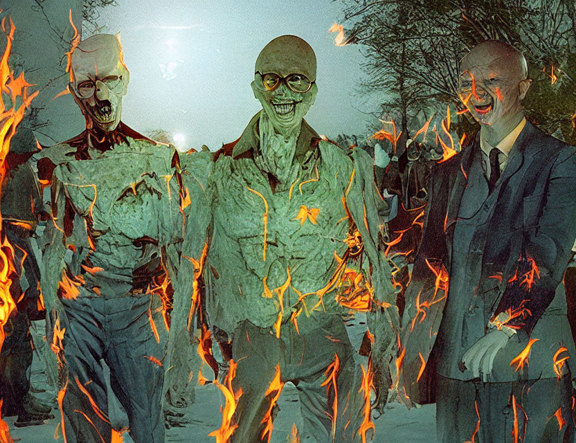 Fiery zombie-like figures in hazy outdoor scene