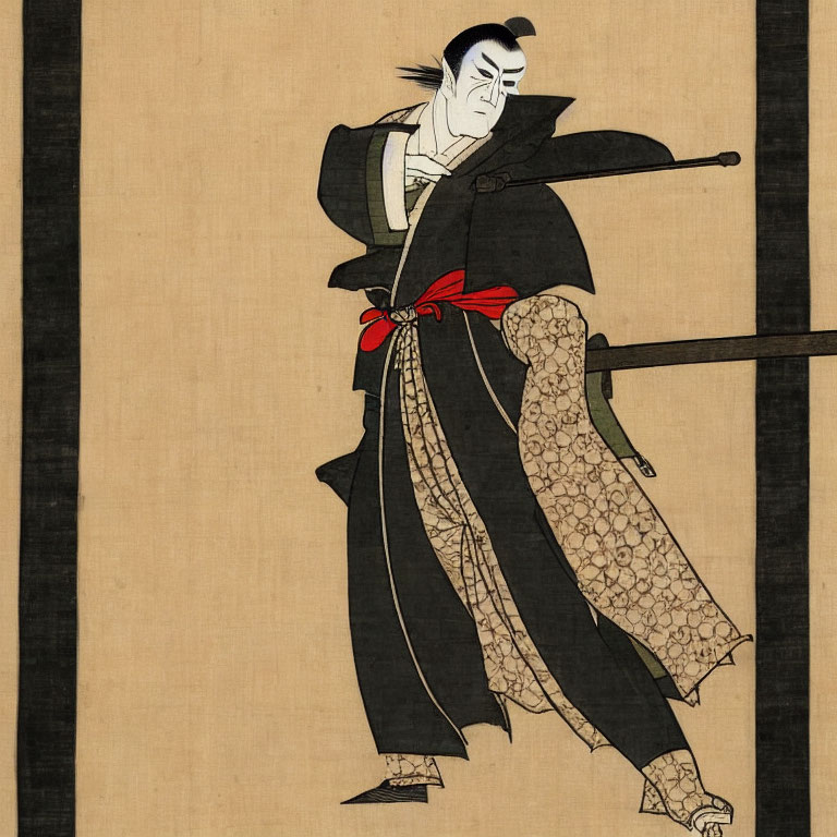 Traditional Japanese woodblock print: Kabuki actor in dramatic pose with sword, wearing kimono and red