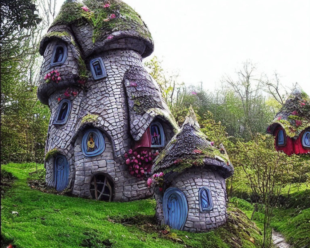 Enchanting fairy-tale houses with thatched roofs in green landscape