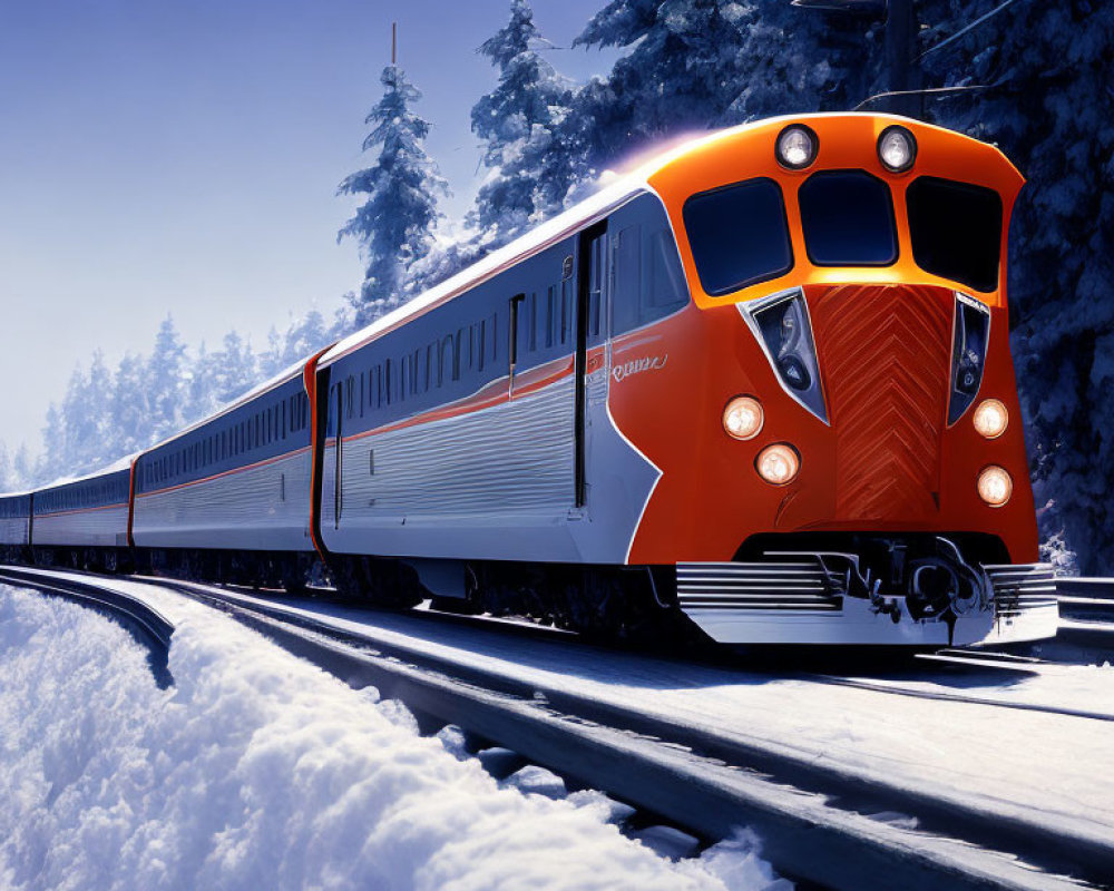 Orange and White Passenger Train on Snow-Covered Track Amid Pine Trees