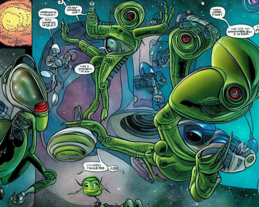 Colorful Comic Book Page: Green Alien Robots in Space with Expressive Eyes and Antennae