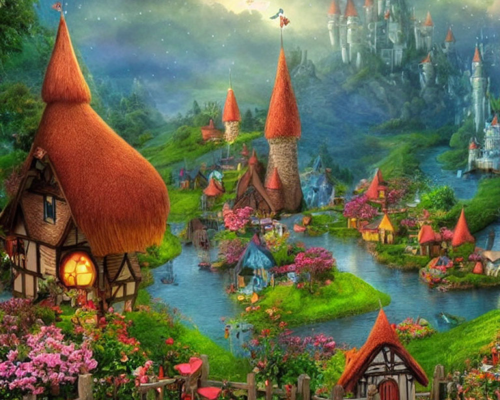 Enchanted village with thatched-roof cottages, vibrant flowers, river, and castle at