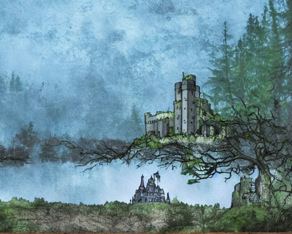 Stylized artwork of weathered castle on lush hill with towering trees