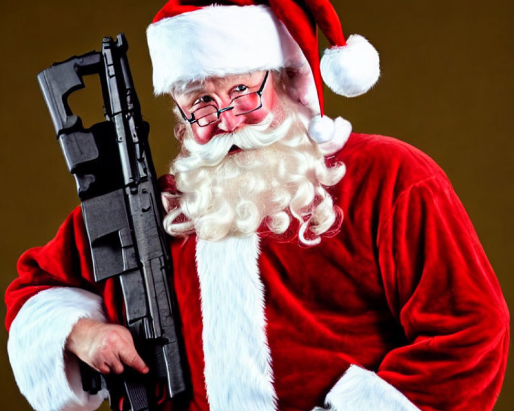 Person in Santa Costume Holding Large Toy Gun on Brown Backdrop