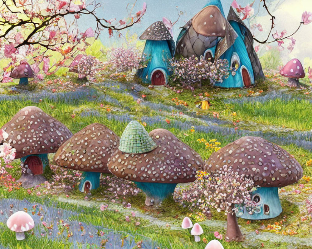 Whimsical fairy-tale village with mushroom houses and vibrant flowers