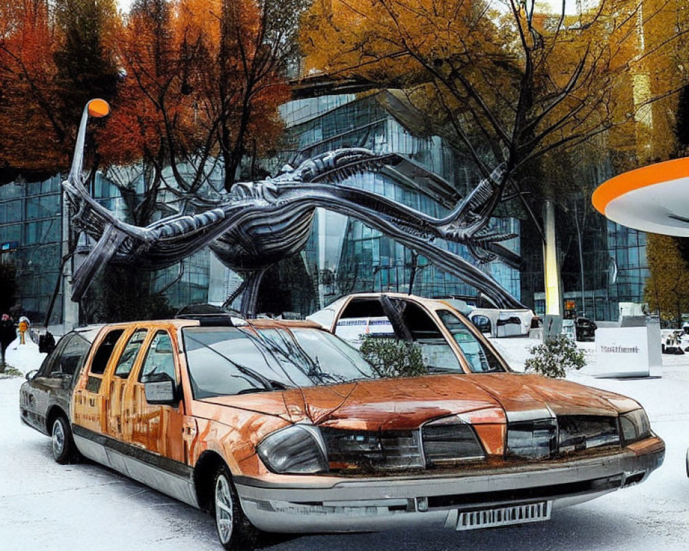 Rusty limousine, futuristic building, metal spider sculpture in autumn setting