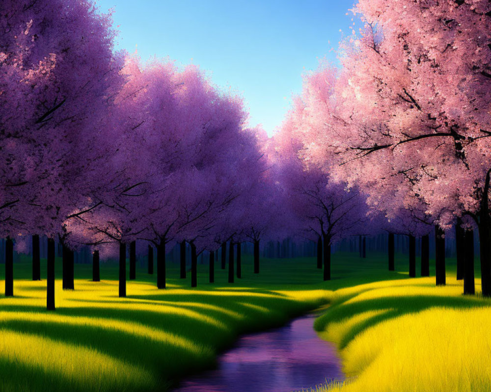 Tranquil stream in vibrant meadow with blooming trees