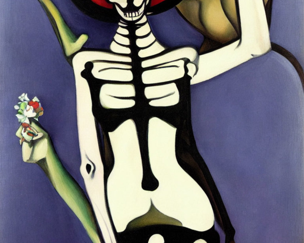 Stylized painting of skeleton in red hat with blue background and bouquet