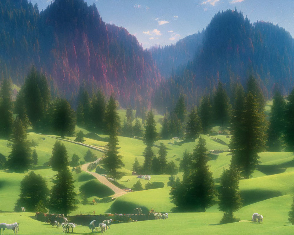 Tranquil Mountain Landscape with Green Meadows and Grazing Sheep