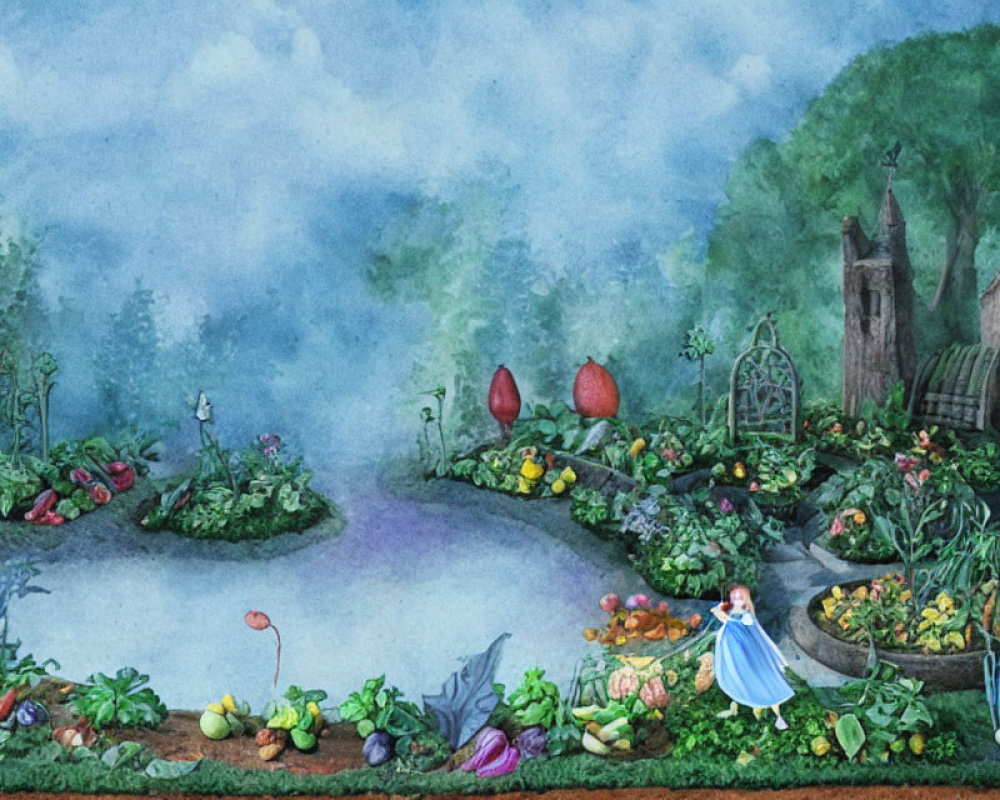 Watercolor garden scene with girl in blue dress, pond, oversized fruits, and misty sky