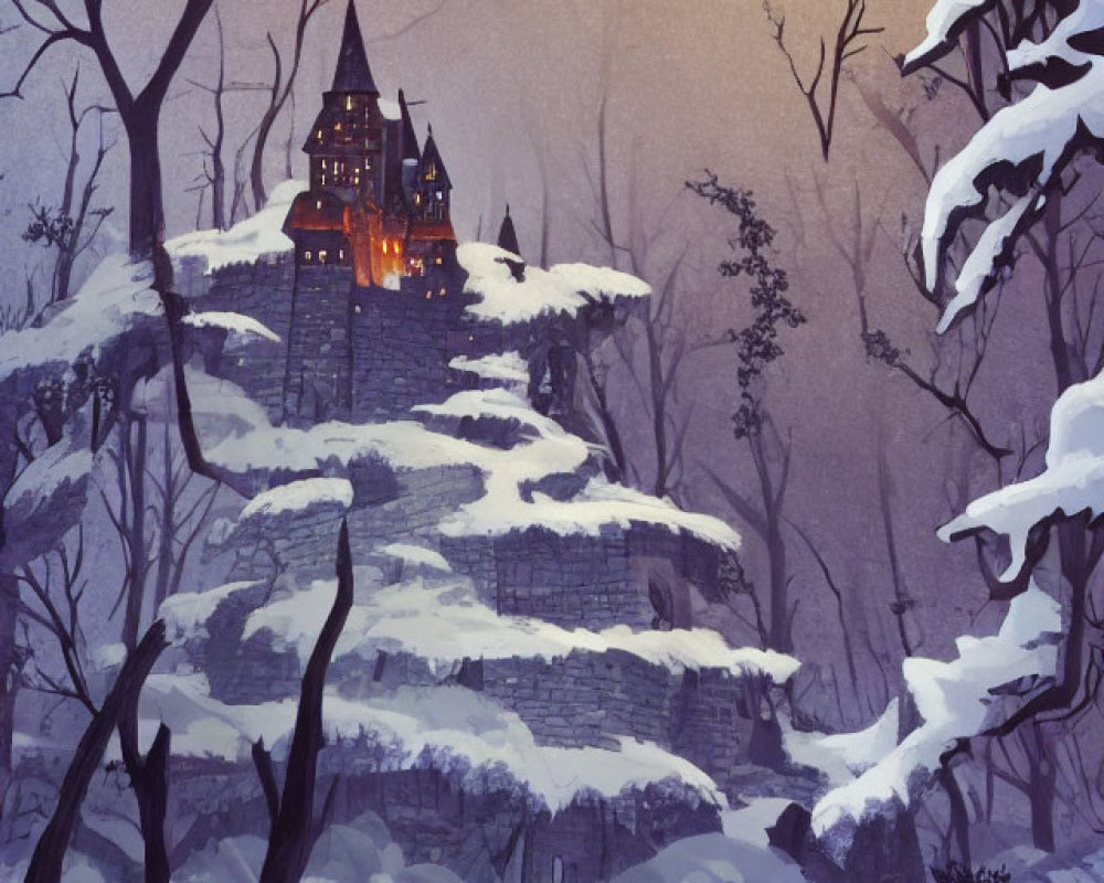 Illuminated castle on snowy hill in wintry forest