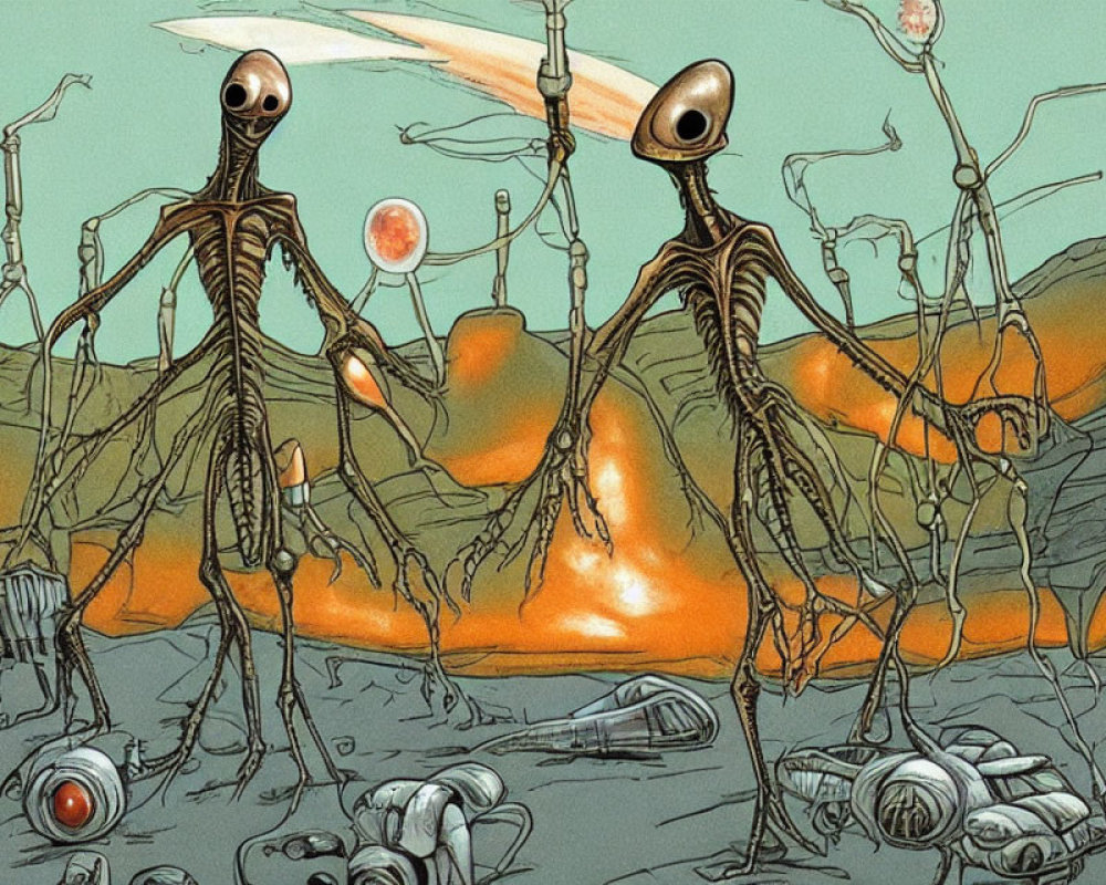 Skeletal alien figures on barren landscape with debris and orbs