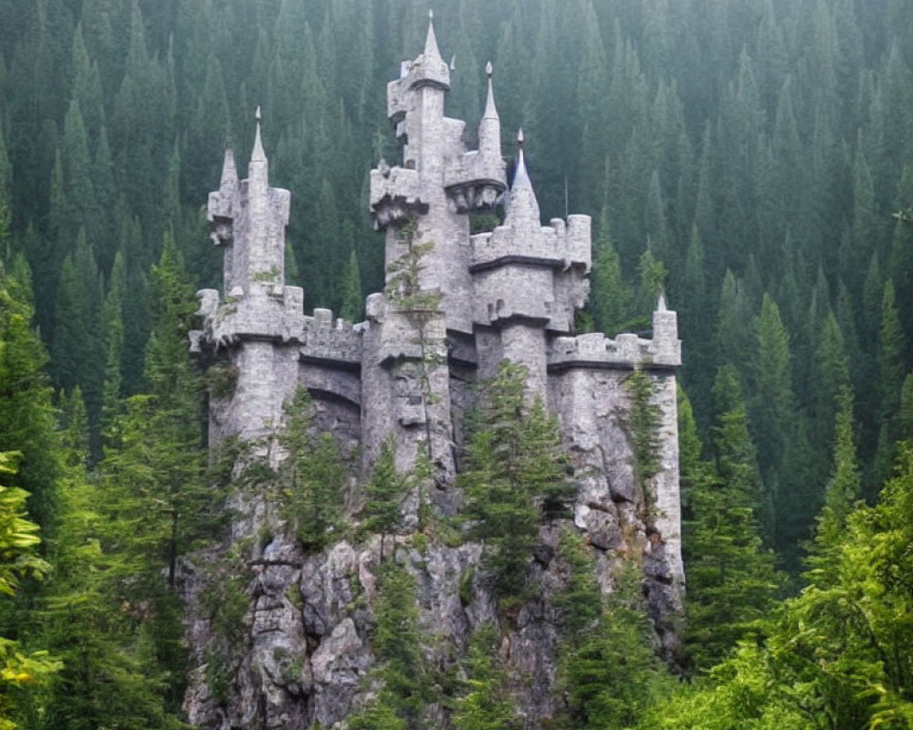 Stone castle with turrets in dense forest on rugged cliff shrouded in mist